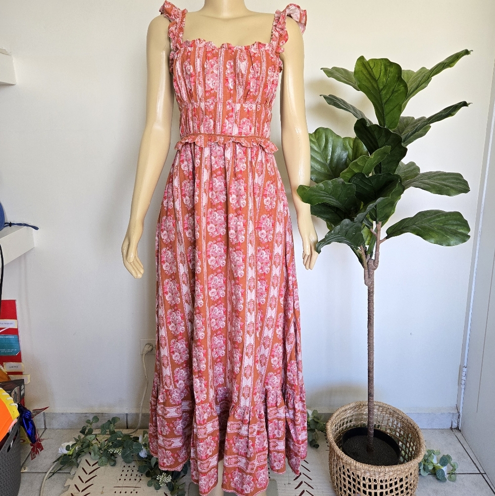 House Of Harlow 1960 Linen Floral Pink Sleeveless Maxi Dress Hippy Boho Size M